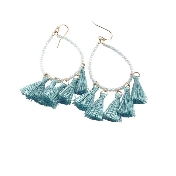 Teal Tassel Beaded Hoop Earrings With Gold Hooks Long Bohemian Statement Jewelry - Picture 8 of 8